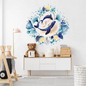 akvarelova nalepka na stenu velrybky s kvetmi