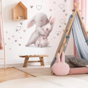 akvarelova nalepka na stenu zajaciky v objati