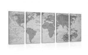 5 dielny obraz stara mapa sveta s kompasom v ciernobielom prevedeni