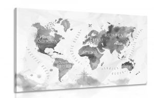 obraz ciernobiela akvarelova mapa sveta 120x80