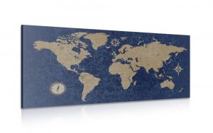 obraz mapa sveta s kompasom v retro style na modrom pozadi 100x50