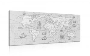 obraz mapa sveta s lodkami v ciernobielom prevedeni 120x60