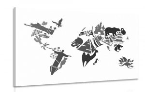 obraz mapa sveta so symbolmi jednotlivych kontinentov v ciernobielom prevedeni 60x40