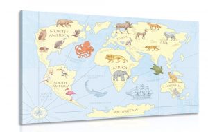 obraz mapa sveta so zvieratami 120x80
