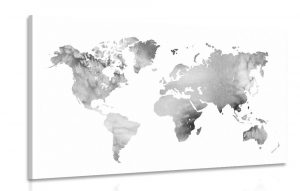 obraz mapa sveta v ciernobielom akvarelovom prevedeni