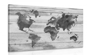 obraz obrys ciernobielej mapy na drevenom podklade