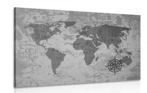 obraz stara mapa sveta s kompasom v ciernobielom prevedeni