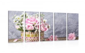 5 dielny obraz kvety karafiatu v mozaikovom crepniku