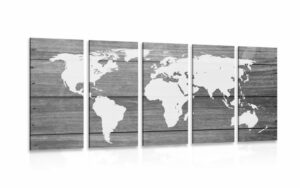 5 dielny obraz ciernobiela mapa sveta s drevenym pozadim