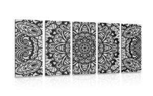 5 dielny obraz kvetinova mandala v ciernobielom prevedeni