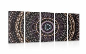 5 dielny obraz mandala so vzorom slnka vo fialovych odtienoch