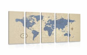 5 dielny obraz mapa sveta s kompasom v retro style