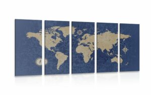 5 dielny obraz mapa sveta s kompasom v retro style na modrom pozadi