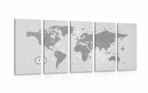 5 dielny obraz mapa sveta s kompasom v retro style v ciernobielom prevedeni