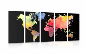 5 dielny obraz mapa sveta v akvarelovom prevedeni na ciernom pozadi