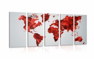 5 dielny obraz mapa sveta v dizajne vektorovej grafiky v cervenej farbe