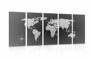 5 dielny obraz mapa sveta v odtienoch sivej