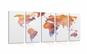 5 dielny obraz polygonalna mapa sveta v odtienoch oranzovej
