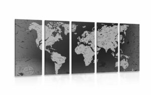 5 dielny obraz stara mapa sveta na abstraktnom pozadi v ciernobielom prevedeni