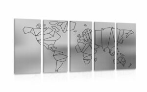5 dielny obraz stylizovana mapa sveta v ciernobielom prevedeni