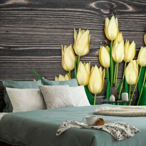 fototapeta zlte tulipany na drevenom podklade