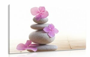 obraz balans kamenov a ruzove orientalne kvety