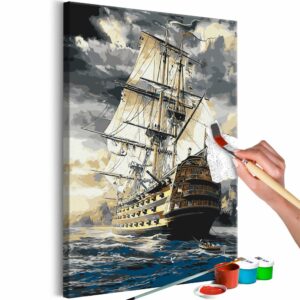 obraz malovanie podla cisiel lod na rozburenom mori frigate