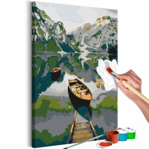 obraz malovanie podla cisiel lode na horskom jazere boat in the mountains