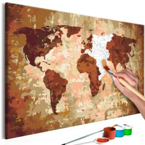 obraz malovanie podla cisiel mapa sveta v hnedom odtieni world map earth colours