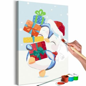 obraz malovanie podla cisiel tucniacik s darcekmi penguin with a gift