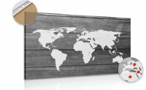 obraz na korku ciernobiela mapa sveta s drevenym pozadim