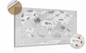 obraz na korku ciernobiela mapa sveta so zvieratami