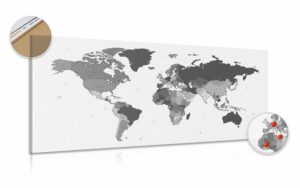 obraz na korku detailna mapa sveta v ciernobielom prevedeni