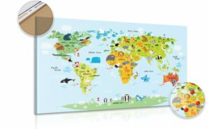 obraz na korku detska mapa sveta so zvieratkami