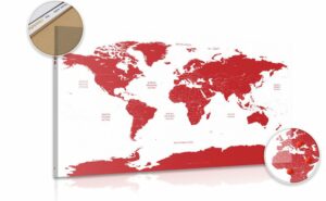 obraz na korku mapa sveta s jednotlivymi statmi v cervenej farbe
