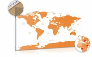 obraz na korku mapa sveta s jednotlivymi statmi v oranzovej farbe