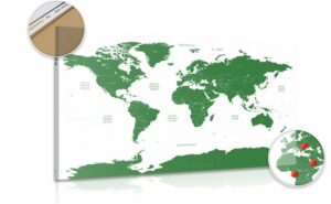 obraz na korku mapa sveta s jednotlivymi statmi v zelenej farbe