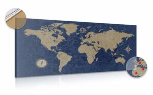 obraz na korku mapa sveta s kompasom v retro style na modrom pozadi