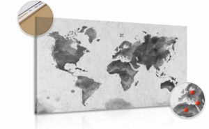 obraz na korku mapa sveta v retro style v ciernobielom prevedeni