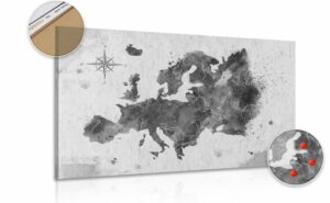 obraz na korku retro mapa europy v ciernobielom prevedeni