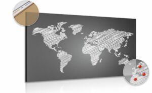obraz na korku srafovana mapa sveta v ciernobielom prevedeni