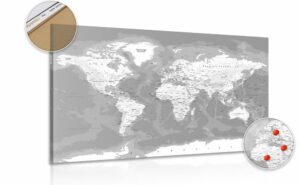 obraz na korku stylova ciernobiela mapa sveta