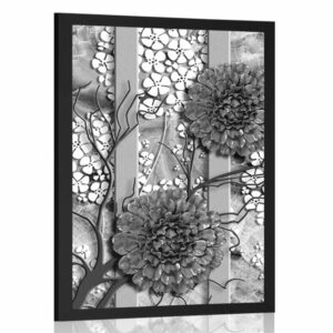 plagat abstraktne kvety na mramorovom pozadi v ciernobielom prevedeni