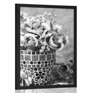plagat kvety karafiatu v mozaikovom crepniku v ciernobielom prevedeni