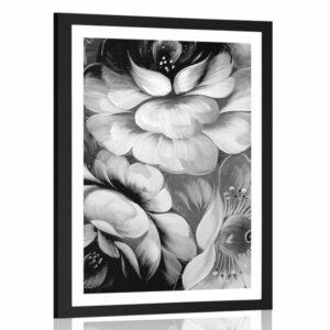 plagat s paspartou impresionisticky svet kvetin v ciernobielom prevedeni
