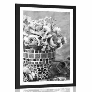 plagat s paspartou kvety karafiatu v mozaikovom crepniku v ciernobielom prevedeni