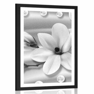 plagat s paspartou luxusna magnolia s perlami v ciernobielom prevedeni