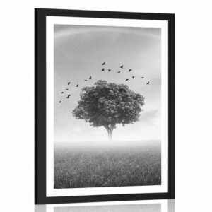 plagat s paspartou osamely strom na luke v ciernobielom prevedeni