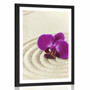 plagat s paspartou piesocnata zen zahrada s fialovou orchideou