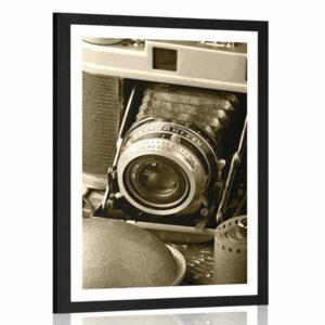 plagat s paspartou stary fotoaparat v sepiovom prevedeni